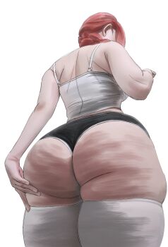 1girl ass bare_shoulders black_shorts braid breasts casual cellulite chainsaw_man commentary cosplay crop_top dolphin_shorts english_commentary female_focus highres huge_ass lets_lam3nt long_hair low-braided_long_hair low-tied_long_hair low_ponytail makima_(chainsaw_man) makima_(chainsaw_man)_(cosplay) medium_breasts narrow_waist peachuu244 ponytail real_life red_hair reference_work shirt shorts sidelocks solo taut_clothes thick_thighs thighhighs thighs white_shirt white_thighhighs wide_hips zeon_(zzeeonn)