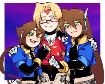 1girl 2boys aile_(mega_man_zx) black_bodysuit blonde_hair blue_background blue_jacket bodysuit bodysuit_under_clothes border brown_hair closed_eyes cropped_jacket facial_mark forehead_mark ghosty_entity girouette_(mega_man) glasses green_eyes group_picture jacket long_hair mega_man_(series) mega_man_zx mega_man_zx_advent multiple_boys one_eye_closed pants ponytail purple_background robot_ears semi-rimless_eyewear simple_background under-rim_eyewear upper_body vent_(mega_man) white_border white_footwear white_pants
