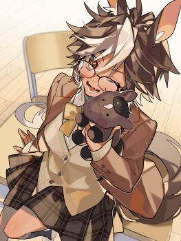 1girl animal animal_ears black_skirt bow bowtie brown_eyes cardigan chair desk glasses highres holding holding_animal horse_ears horse_girl horse_tail indie_virtual_youtuber long_sleeves multicolored_hair on_desk one_eye_closed open_mouth plaid_clothes plaid_skirt school_chair school_desk second-party_source sitting skirt su_zura_n tail tomoe_umari two-tone_hair umarmy_(tomoe_umari) virtual_youtuber white_hair yellow_bow yellow_bowtie yellow_cardigan