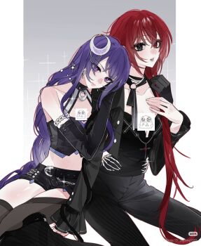 2girls alternate_costume alternate_universe bad_source bare_shoulders belt black_belt black_gloves black_jacket black_lips black_pants black_shirt black_shorts black_thighhighs blunt_bangs breasts censored cleavage closed_mouth collarbone commission couple crescent crescent_pin crop_top cross cross_necklace earrings elbow_gloves genshin_impact gloves gradient_background gradient_hair grey_background hair_between_eyes hair_ornament hand_on_own_chest hands_on_another&#039;s_hips hands_on_another&#039;s_shoulders head_tilt heterochromia highres hoyofair jacket jewelry leaning_on_person leaning_to_the_side leather leather_jacket long_hair long_sleeves mole mole_under_eye multicolored_hair multiple_girls navel necklace oc_x_canon open_clothes open_jacket original pants parted_lips pink_lips purple_eyes purple_hair raiden_shogun red_hair shade shirt short_shorts shorts sitting sparkle_background streaked_hair thighhighs thighs yilinglaozu121 yuri