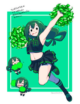 1girl :> alternate_costume arm_up armpits asui_tsuyu black_eyes black_shirt black_shoes black_skirt black_socks boku_no_hero_academia cheerleader chibi chibi_inset commentary_request cropped_shirt frog_girl full_body green_background green_eyes green_hair green_trim hair_between_eyes hair_rings long_hair looking_at_viewer low-tied_long_hair midriff navel ohhhhhhtsu parted_bangs pleated_skirt pom_pom_(cheerleading) shirt shoes simple_background skirt socks solid_circle_pupils stomach tongue tongue_out translation_request twitter_username