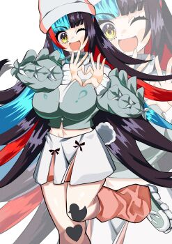 1girl beanie black_hair blue_hair blush breasts commentary_request fate/grand_order fate_(series) grey_sweater hat heart heart_hands highres kneehighs large_breasts long_hair long_sleeves looking_at_viewer loose_socks midriff miniskirt multicolored_hair navel one_eye_closed open_mouth puti_tomato19 red_hair sei_shounagon_(fate) shoes skirt smile sneakers socks sweater thighs white_hat white_skirt yellow_eyes zoom_layer