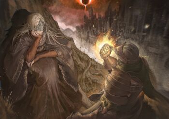 Rule 34 | 1girl, 1other, ambiguous gender, architecture, armor, ashen one (dark souls), black dress, blindfold mask, capelet, clenched hand, cloak, commentary, covered eyes, dark souls (series), dark souls iii, dress, eclipse, english commentary, eye mask, fire keeper, full armor, hand on own cheek, hand on own face, helmet, highres, knight, kwiaty k, long hair, mask, red sky, sitting, sky, solar eclipse