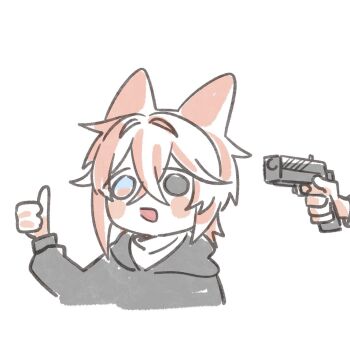 animal_ears artist_self-insert black_jacket blush_stickers commentary cropped_torso cumulussen english_commentary gun hair_between_eyes hair_intakes hand_up handgun holding holding_gun holding_weapon jacket long_sleeves open_mouth original pink_hair shirt simple_background solo_focus thumbs_up weapon white_background white_shirt