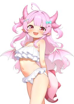 1girl :d ahoge armpit_crease bare_arms bare_shoulders bikini blue_bow bow breasts character_request chrorhc commentary_request commission copyright_request cowboy_shot demon_girl demon_horns demon_tail demon_wings fang frilled_bikini frills hair_bow hair_ornament heart heart_ahoge highres horns long_hair looking_at_viewer navel open_mouth pink_bow pink_eyes pink_hair pink_horns pink_tail pink_wings pointy_ears sidelocks simple_background skeb_commission small_breasts smile solo stomach striped_bow swimsuit tail two_side_up white_background white_bikini wings x_hair_ornament yellow_bow