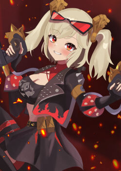 Rule 34 | 1girl, absurdres, blonde hair, breasts, burnice white, cleavage, cowboy shot, crop top, cropped jacket, embers, flamethrower, green eyes, grin, highres, holding, holding flamethrower, holding weapon, karo (calori), large breasts, looking at viewer, midriff, smile, solo, strapless, tube top, twintails, weapon, zenless zone zero