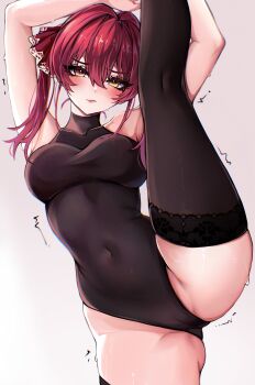 1girl absurdres armpits arms_up black_leotard black_thighhighs blush breasts closed_mouth commentary covered_navel hair_between_eyes hair_ribbon heterochromia highres holding_own_leg hololive houshou_marine houshou_marine_(1st_costume) large_breasts leotard long_hair looking_at_viewer mokiemokki no_pants no_shirt red_eyes red_hair red_ribbon ribbon simple_background solo split standing standing_on_one_leg standing_split sweat thighhighs thighs virtual_youtuber white_background yellow_eyes