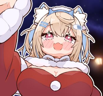 1girl animal_ears bandaid bandaid_hair_ornament blonde_hair blue_streaks blush breasts cleavage commentary dog_ears dog_girl dress english_commentary fangs fuwawa_abyssgard hair_ornament hairpin highres hololive hololive_english kukie-nyan large_breasts looking_at_viewer multicolored_hair open_mouth pink_eyes red_dress santa_costume santa_dress skin_fangs solo streaked_hair two_side_up virtual_youtuber
