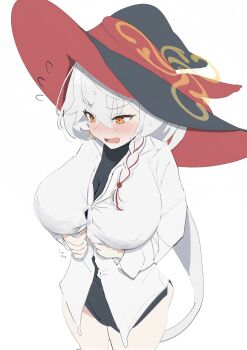 1girl :o absurdres black_hat blue_archive blush braid breasts dress_shirt eri_(blue_archive) flying_sweatdrops grey_hair halo hat highres huge_breasts long_hair multicolored_hair no_pants nose_blush oni-_-on red_hair shirt simple_background single_braid solo streaked_hair thighs two-tone_hair undershirt undersized_clothes very_long_hair white_background white_shirt witch_hat