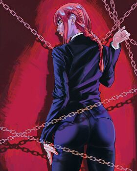 1girl ass braid braided_ponytail chain chainsaw_man closed_mouth formal_clothes from_behind highres jacket long_hair looking_back makima_(chainsaw_man) meguzm pant_suit pants purple_jacket purple_pants red_background red_hair sidelocks solo suit suit_jacket