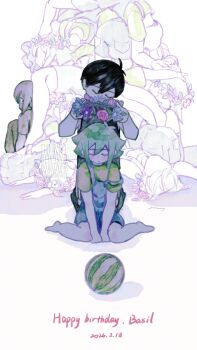 Rule 34 | 2026, 6+boys, antenna hair, artist name, bare arms, bare legs, bare shoulders, barefoot, basil (headspace) (omori), basil (omori), black hair, black shorts, black skin, black tank top, black thighhighs, blue flower, blue overalls, buttons, character name, clone, closed eyes, closed mouth, colored skin, commentary, dated, dongyou moon, double-parted bangs, english commentary, english text, expressionless, facing viewer, flower, flower wreath, food, fruit, full body, green hair, green shirt, hair behind ear, hair between eyes, hands up, happy birthday, head wreath, highres, holding, holding wreath, leaf, looking at viewer, looking back, male focus, multiple boys, no nose, no shoes, omori, omori (omori), overall shorts, overalls, pink flower, pink rose, purple flower, rose, shadow, shirt, short hair, short sleeves, shorts, sidelocks, sideways glance, simple background, sitting, skirt, straight-on, stranger (omori), strap slip, striped clothes, striped shorts, t-shirt, tank top, thighhighs, two-tone shorts, u u, v arms, vertical-striped clothes, vertical-striped shorts, very short hair, wariza, watermelon, white background, white eyes, white shorts, white skin