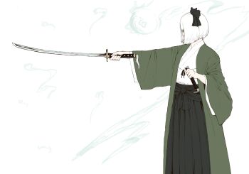 1girl absurdres arm_up black_hairband black_skirt bob_cut commentary from_side green_kimono hairband highres holding holding_sword holding_weapon japanese_clothes katana kimono konpaku_youmu konpaku_youmu_(ghost) layered_kimono long_skirt long_sleeves needolai open_clothes open_kimono pleated_skirt short_hair simple_background skirt solo standing sword touhou weapon white_background white_hair white_kimono wide_sleeves