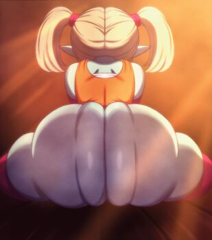 1girl all_fours animated animated_gif anus anus_peek aqua_skin arm_warmers ass ass_focus ass_shake blonde_hair bouncing_ass cameltoe colored_skin dragon_ball dragon_ball_daima from_behind gloves hair_ornament highres kyojiri_loli leotard loli nexxa pansy_(dragon_ball_daima) pink_thighhighs pointy_ears solo thighhighs twintails