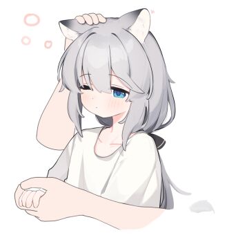 Rule 34 | 1girl, 1other, animal ear fluff, animal ears, black ribbon, blue eyes, blush, closed mouth, collarbone, commentary, cropped torso, disembodied hand, grey hair, hair ribbon, headpat, highres, holding hands, long hair, one eye closed, original, ribbon, riya (01214), shirt, simple background, symbol-only commentary, tail, white background, white shirt