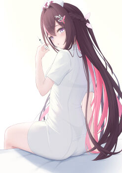 1girl :q absurdres alternate_costume ass azki_(hololive) black_bra black_hair black_panties blurry blurry_background bra bra_visible_through_clothes braid collared_dress colored_inner_hair commentary_request double-parted_bangs dress from_behind hair_between_eyes hair_intakes hair_ornament hairclip half_up_half_down_braid hand_up hat highres holding holding_syringe hololive long_hair looking_at_viewer looking_back multicolored_hair nurse nurse_cap open_mouth panties panties_visible_through_clothes pink_hair purple_eyes seriponpoyon short_dress short_sleeves simple_background sitting solo streaked_hair syringe tongue tongue_out underwear very_long_hair virtual_youtuber white_background white_dress white_hair