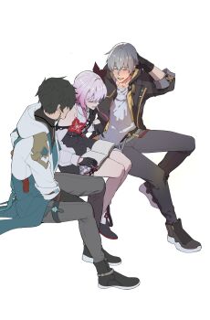 1girl 2boys arm_behind_head black_hair book book_on_lap caelus_(honkai:_star_rail) closed_eyes commentary_request dan_heng_(honkai:_star_rail) dan_heng_(hunt)_(honkai:_star_rail) dress earrings evernight_(honkai:_star_rail) flower full_body gaeha_is gloves grey_hair happy highres honkai:_star_rail honkai_(series) hood hood_down jacket jewelry korean_commentary march_7th_(honkai:_star_rail) multiple_boys pants pink_hair pointing shirt shoes single_bare_shoulder single_earring smile thigh_strap trailblazer_(honkai:_star_rail) white_background
