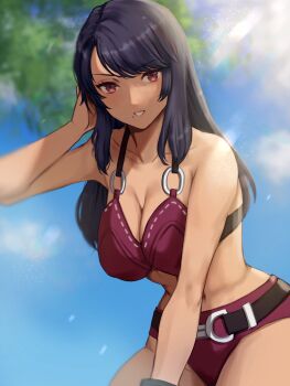 1girl bikini black_hair breasts cleavage dark_skin gloves highres long_hair looking_at_viewer mole mole_under_mouth sharla_(xenoblade) simple_background swimsuit xenoblade_chronicles_(series) xenoblade_chronicles_1 yamamori_kinako