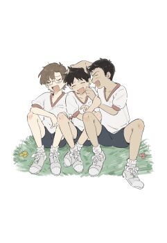 3boys aida_kensuke arm_on_knee black_hair blush brown_hair closed_eyes commentary_request facing_another full_body glasses gym_uniform hand_on_another's_head happy highres ikari_shinji knees_up laughing male_focus multiple_boys neon_genesis_evangelion on_grass open_mouth oshio_(baniniwana) round_eyewear shoes sideburns simple_background sitting socks suzuhara_touji white_background white_shoes white_socks