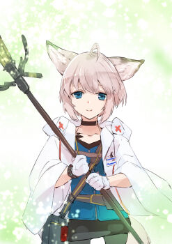 1girl absurdres ahoge animal_ear_fluff animal_ears arknights bag black_choker black_pantyhose black_skirt blue_eyes blue_shirt brown_hair choker closed_mouth coat collarbone commentary_request cowboy_shot cross e-bushi fox_ears fox_girl fox_tail gloves green_background highres holding holding_staff hood hood_down id_card infection_monitor_(arknights) jacket long_sleeves looking_at_viewer material_growth open_clothes oripathy_lesion_(arknights) pantyhose red_cross shirt short_hair skirt smile solo staff sussurro_(arknights) tail white_coat white_gloves white_jacket