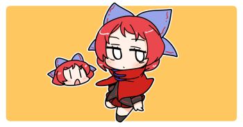 Rule 34 | 0 0, 1girl, black shirt, black shoes, blue bow, blush, border, bow, cape, chibi, chibi only, closed mouth, commentary, full body, hair bow, high collar, ini (inunabe00), jitome, long sleeves, looking at viewer, multiple views, open mouth, outline, outside border, red cape, red hair, red skirt, sekibanki, shirt, shoes, short hair, simple background, skirt, standing, touhou, v-shaped eyebrows, white border, white outline, yellow background, | |