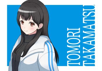 Rule 34 | 1girl, atama (abmbbmsbcg), bang dream!, bang dream! it's mygo!!!!!, black hair, black shirt, blue background, border, brown eyes, closed mouth, commentary, jacket, long hair, looking at viewer, open clothes, open jacket, outside border, real life, shirt, solo, takamatsu tomori, upper body, voice actor, voice actor connection, white border, white jacket, youmiya hina