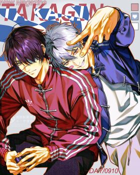 2boys black_hair black_pants blue_eyes closed_mouth commentary eyepatch fingernails g_rribbit gintama grey_hair grey_pants grin head_on_another's_shoulder highres jacket looking_at_viewer male_focus medical_eyepatch multiple_boys open_clothes open_jacket pants red_eyes red_jacket sakata_gintoki ship_name shirt short_hair sitting smile symbol-only_commentary takasugi_shinsuke unzipped v white_shirt zipper_pull_tab