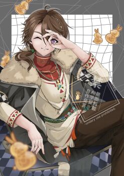 1boy ;3 bead_necklace beads border brown_hair brown_pants coat feet_out_of_frame fur-trimmed_coat fur_trim grey_border grey_coat hand_up highres jewelry long_hair looking_at_viewer low_ponytail male_focus name_day_(reverse:1999) necklace ok_sign ok_sign_over_eye one_eye_closed outside_border pants ponytail purple_eyes reverse:1999 shirt sitting solo unilog_(reverse:1999) watermark white_shirt yashiki_kagari