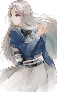 1girl apron axis_powers_hetalia back_bow belarus_(hetalia) black_bow black_bowtie blue_dress bow bowtie closed_mouth commentary_request cowboy_shot dress grey_hair hair_bow hand_up highres juliet_sleeves long_hair long_sleeves looking_to_the_side puffy_sleeves purple_eyes shinomori_ko simple_background solo standing striped_bow waist_apron white_apron white_background white_bow