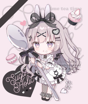 1girl :t animal_ears black_bow blush bow chibi closed_mouth cupcake demon_girl demon_tail demon_wings dress food food_on_face frilled_dress frills fruit full_body grey_hair grey_pantyhose holding holding_spoon long_hair macaron original oversized_object pantyhose pink_background purple_eyes rabbit_ears simple_background single_fishnet_legwear single_leg_pantyhose solo spoon standing strawberry tail tail_bow tail_ornament thigh_strap transparent_wings two_side_up very_long_hair wasabi_(sekai) white_bow white_dress wings