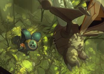 absurdres claws commentary_request day flying forest from_above gen_1_pokemon gen_2_pokemon heracross highres king_joe_(neoroto) looking_up mega_heracross mega_pinsir mega_pokemon nature nintendo no_humans outdoors pinsir plant_roots pokemon pokemon_(creature) pokemon_focus shadow standing tree yellow_eyes yellow_pupils