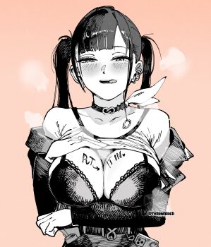 arm_under_breasts belt blush body_writing bra breasts choker cleavage clothes_lift collarbone commentary dated_commentary earrings goddess_of_victory:_nikke greyscale_with_colored_background hand_on_own_chest highres jewelry lace lace-trimmed_bra lace_trim large_breasts looking_at_viewer mole mole_under_eye off_shoulder otimusyairoha paizuri_invitation parted_lips pink_background ring shirt_lift simple_background sora_(nikke) steam tongue tongue_out twintails twitter_username underwear upper_body