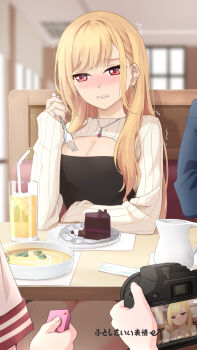 1boy 3girls arm_rest barbell_piercing black_shirt blonde_hair blush booth_seating breasts cake camera cleavage clenched_teeth commentary_request controller cup discreet_vibrator dot_nose drink drinking_glass drinking_straw ear_piercing earrings facing_viewer fingernails food furrowed_brow gojou_wakana gyaru highres ice ice_cube implied_vibrator indoors industrial_piercing inui_sajuna inui_shinju jewelry kitagawa_marin laofuzi_dai_bansho long_hair looking_at_viewer looking_to_the_side medium_breasts multiple_girls necklace nose_blush out_of_frame parted_lips piercing plate pov_across_table public_indecency public_vibrator raised_eyebrows red_eyes remote_control remote_control_vibrator revision ring sex_toy shirt shrug_(clothing) sitting sono_bisque_doll_wa_koi_wo_suru straight_hair table teeth trembling vibrator wireless_sex_toy_controller