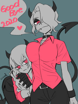 2020 2girls absurdres alcohol annoyed belt black_belt black_horns black_pants black_pantyhose black_skirt black_tail black_vest bottle breasts cigarette cross cross_necklace demon_girl demon_horns demon_tail english_text face_piercing formal_clothes hair_over_one_eye helltaker highres horns jewelry lip_piercing malina_(helltaker) medium_breasts multiple_girls necklace new_year noah_(tettsui-sole) nose_piercing pants pantyhose piercing red_eyes red_shirt shirt siblings sisters skirt smoke smoking tail vest vodka white_hair zdrada_(helltaker)