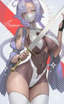 1girl bodystocking braid breast_curtains breasts cleavage covered_navel dark-skinned_female dark_elf dark_skin elf eyebrows_hidden_by_hair highres hitowa holding holding_sword holding_weapon large_breasts long_hair looking_at_viewer mask mouth_mask original pointy_ears purple_hair shoulder_tattoo solo sword tattoo thighhighs twin_braids weapon white_thighhighs