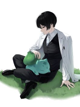 1boy absurdres black_eyes black_hair black_pants black_shoes black_vest bulbasaur closed_mouth co_duck coat coat_on_shoulders commentary_request crossed_legs full_body gen_1_pokemon highres korean_commentary lab_coat limbus_company male_focus nintendo on_lap pants petting pokemon pokemon_(creature) pokemon_on_lap project_moon shoes sitting solo vest white_coat yi_sang_(project_moon)