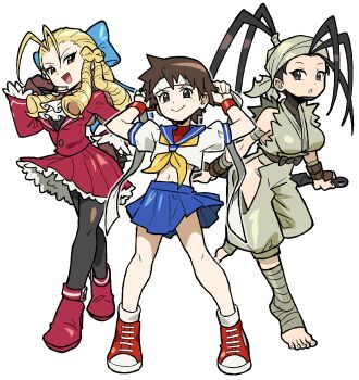 3girls absurdres ankle_wrap antenna_hair bandages bandana blonde_hair blue_sailor_collar blue_skirt bow breasts brown_eyes brown_hair clothing_cutout converse gloves hair_pulled_back headband highres hip_vent ibuki_(street_fighter) kanzuki_karin kasugano_sakura kunai long_hair mask midriff mouth_mask multiple_girls ninja ninja_mask pantyhose ponytail red_shoes red_skirt sach56000 sailor_collar school_uniform serafuku shoes short_hair skirt street_fighter street_fighter_iii_(series) street_fighter_v street_fighter_zero_(series) weapon