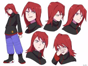 Rule 34 | 1boy, arm up, black boots, black shirt, blue pants, boots, closed mouth, collared shirt, commentary request, cropped shoulders, frown, hand on own face, highres, long sleeves, looking at viewer, male focus, medium hair, multiple expressions, multiple views, nervous sweating, nintendo, pants, parted bangs, pokemon, pokemon gsc, red hair, red trim, shindou821, shirt, sideways glance, silver (pokemon), simple background, smile, smirk, sweat, white background, wide-eyed