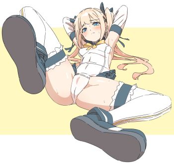 1girl armpits arms_up ass bare_shoulders black_gloves black_ribbon blonde_hair blue_eyes blush bow breasts cameltoe closed_mouth commentary_request covered_erect_nipples covered_navel dead_or_alive dead_or_alive_6 detached_sleeves elbow_gloves frilled_leotard frilled_thighhighs frills full_body gloves gluteal_fold groin hair_ornament hair_ribbon leotard long_hair looking_at_viewer lying marie_rose medium_breasts on_back ribbon spread_legs sweat takahashi_(k2ta7) thighhighs twintails very_long_hair white_leotard white_thighhighs x_hair_ornament yellow_bow