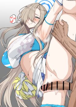Rule 34 | 1boy, 1girl, absurdres, arm up, armpits, asuna (blue archive), bare shoulders, blonde hair, blue archive, blue eyes, blue ribbon, blue sports bra, blush, breasts, censored, cheerleader, cleavage, closed mouth, commentary request, erection, hagunontada, hair over one eye, hair ribbon, halo, hetero, highres, holding, holding pom poms, imminent penetration, large breasts, long hair, millennium cheerleader outfit (blue archive), miniskirt, navel, penis, pleated skirt, pom pom (cheerleading), pom poms, ribbon, skirt, split, sports bra, spread legs, standing, standing on one leg, standing split, thighs, very long hair, white skirt