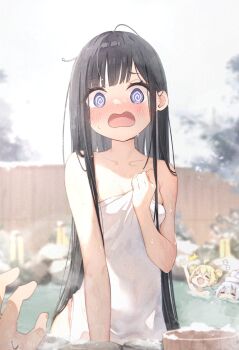 3girls @_@ adversarial_noise ahoge black_hair blonde_hair blue_eyes blurry blurry_background blush breasts bucket cleavage collarbone commentary_request covering_privates dripping highres multiple_girls naked_towel onsen open_mouth original outdoors partially_submerged pov purple_eyes seboneko sleeping small_breasts snow solo_focus steam straight_hair towel towel_pull water waving wavy_mouth wet white_hair wooden_bucket