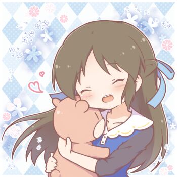 1girl :d ^_^ argyle_background blue_bow blue_dress blush bow brown_hair closed_eyes collarbone commentary_request dress floating_hair floral_background hair_bow hugging_object idolmaster idolmaster_cinderella_girls long_hair long_sleeves mitarashi_neko open_mouth smile solo stuffed_animal stuffed_toy tachibana_arisu teddy_bear upper_body very_long_hair