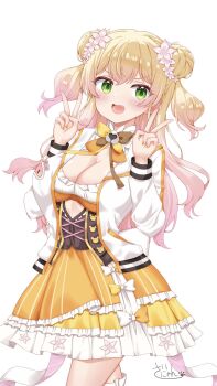 1girl :d blonde_hair blush bow bowtie breasts brown_bow brown_bowtie brown_corset cleavage cleavage_cutout clothing_cutout commentary_request corset cowboy_shot crossed_bangs cutout_above_navel dot_nose double_bun double_v fang flower frilled_shirt frilled_skirt frills gradient_hair green_eyes hair_bun hair_flower hair_ornament hands_up highres hololive jacket large_breasts layered_skirt long_hair looking_at_viewer momosuzu_nene momosuzu_nene_(1st_costume) multicolored_bow multicolored_bowtie multicolored_hair nailtoo open_mouth orange_bow orange_bowtie orange_nails orange_shirt orange_skirt pink_hair sainyan_(strong7) shirt sidelocks signature simple_background skirt smile solo two_side_up underbust v virtual_youtuber white_background white_jacket white_skirt yellow_bow yellow_bowtie yellow_skirt