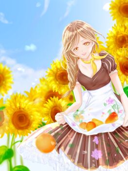 1girl apron back_bow bare_arms blue_sleeves bow braid breasts brown_dress brown_eyes brown_hair cleavage cloud collarbone commentary_request day dot_nose dress eyelashes feet_out_of_frame floral_print flower food frilled_dress frills fruit hair_over_shoulder happy highres joy_(shining_nikki) light_particles long_dress long_hair looking_at_food mango nikki_(series) no_headwear open_mouth orange_(fruit) outdoors pear petticoat print_apron print_dress puffy_short_sleeves puffy_sleeves reina_(pixiv_69502114) scarf shining_nikki short_sleeves single_braid sitting skirt_basket smile solo striped_clothes striped_dress sunflower teeth upper_teeth_only vertical-striped_clothes vertical-striped_dress waist_apron white_apron white_bow yellow-framed_eyewear yellow_scarf