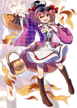Rule 34 | 1girl, absurdres, boots, brown boots, brown hair, diamond earrings, dress, drill hair, earrings, eyewear on head, hair over one eye, hand fan, highres, holding, holding fan, jewelry, looking at viewer, one-hour drawing challenge, renshirenji, ring, smile, solo, touhou, v, watermark, white dress, wide sleeves, yorigami jo'on