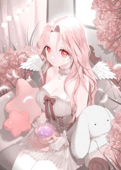 1girl absurdres bare_shoulders bow breasts choker cleavage closed_mouth commentary commission couch crescent cup dress drinking_glass facial_mark feathered_wings feathers flower gloves grey_dress grey_gloves hair_between_eyes highres holding holding_cup indoors k_hottok large_breasts long_hair looking_at_viewer original parted_bangs pink_hair pleated_dress red_eyes sitting smile solo star_(symbol) strapless strapless_dress stuffed_animal stuffed_rabbit stuffed_toy white_wings window wings