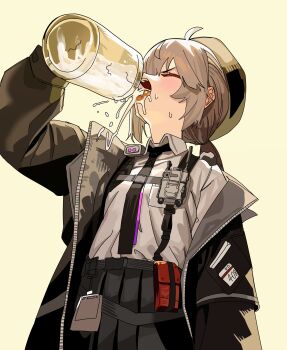 1girl absurdres ahoge black_hat black_necktie black_skirt blush brown_jacket chest_strap cheyanne_(girls'_frontline_2) closed_eyes commentary cum cum_in_container cum_in_cup cum_in_mouth cup drink english_commentary flat_chest girls'_frontline girls'_frontline_2:_exilium gokkun grey_hair hat highres holding holding_cup jacket m200_(girls'_frontline) medium_hair miniskirt mug necktie open_clothes open_jacket open_mouth pleated_skirt ponytail ruppu shirt skirt solo stray_pubic_hair teeth upper_body walkie-talkie white_shirt