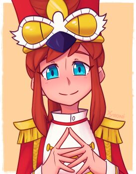 1girl a_hat_in_time alternate_costume blue_eyes brown_hair closed_mouth commentary english_commentary hat hat_kid highres long_sleeves looking_at_viewer ponytail red_hat sidelocks signature smile solo split_mouth upper_body xyronii