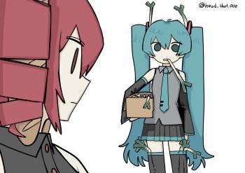 2girls :| ahoge aqua_eyes aqua_hair aqua_necktie artist_name bare_shoulders black_shirt black_skirt box breast_pocket breasts buttons closed_mouth collared_shirt commentary detached_sleeves drill_hair food food_in_mouth grey_shirt hair_between_eyes hair_ornament hatsune_miku highres holding holding_box holding_food kasane_teto long_hair long_sleeves looking_at_another momoutsu_muni multiple_girls necktie open_mouth pocket red_eyes red_hair shirt simple_background skirt small_breasts spring_onion thighhighs twin_drills twintails very_long_hair vocaloid