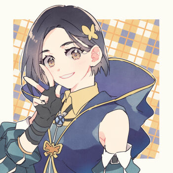 Rule 34 | 1girl, bare shoulders, black gloves, black hair, blue vest, border, breasts, brown eyes, butterfly hair ornament, collared shirt, commentary request, detached sleeves, fingerless gloves, gloves, green sleeves, hair behind ear, hair ornament, highres, looking at viewer, medium breasts, naonaomo, parted bangs, parted lips, plaid background, rinwell (tales), shirt, short hair, smile, solo, tales of (series), tales of arise, teeth, upper body, v, vest, white border, yellow shirt