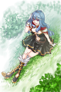 1girl black_boots black_dress blue_hair boots breasts cape closed_mouth commentary_request creator_(ragnarok_online) dress full_body fur-trimmed_boots fur_trim gloves grass hand_in_own_hair large_breasts long_hair navel plunging_neckline purple_eyes ragnarok_online red_cape sitting smile solo strapless strapless_dress toriria white_gloves